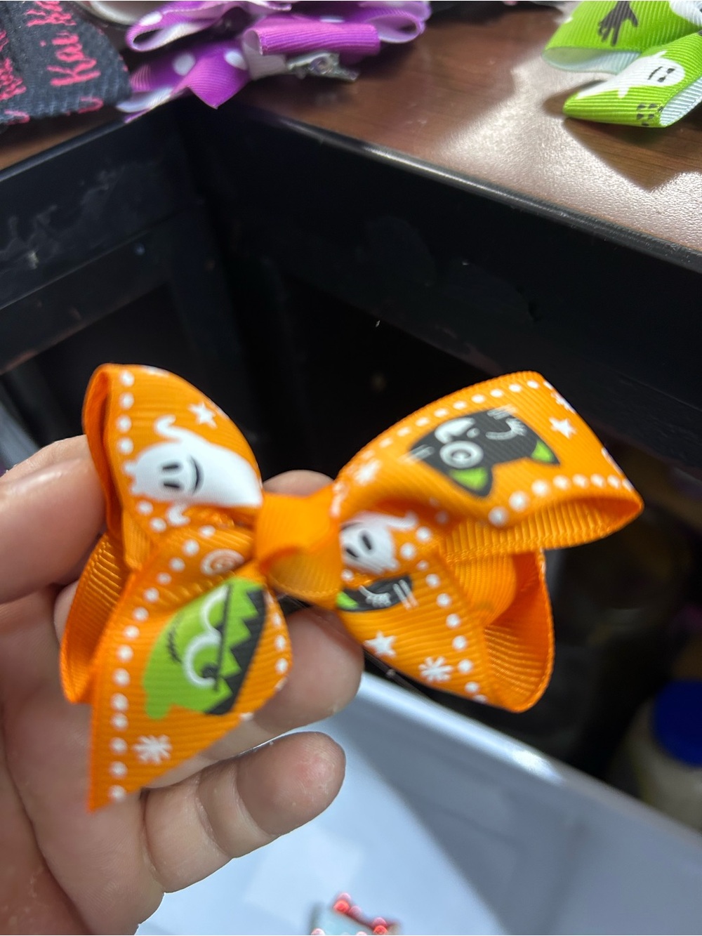Halloween Kids Hair Bow - Orange Ghost & Monster Print. See pictures
